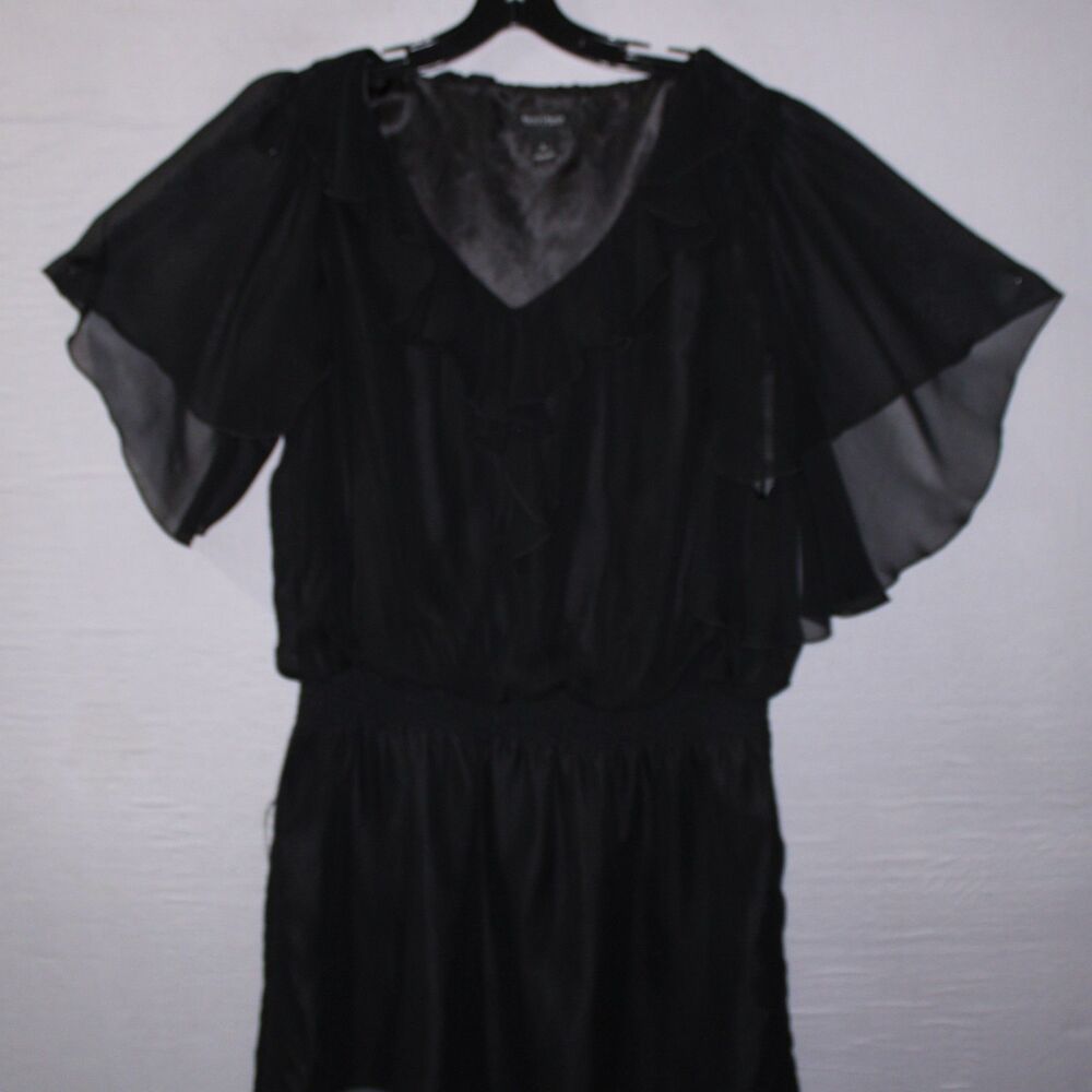 White House Black Market Dress Womens Large Black Ruffled Flutter Short Sleeve